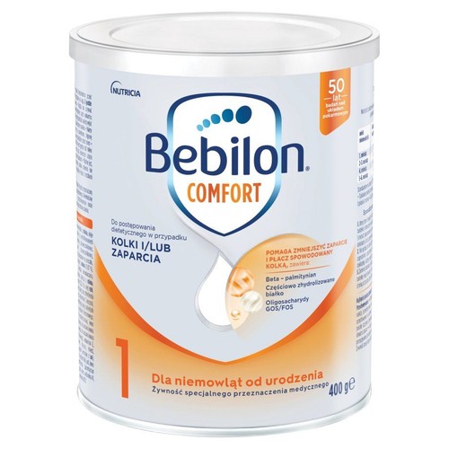 Mleko Bebilon Comfort 1 dla niemowląt, specjalna żywność medyczna na kolki i zaparcia, 400g.