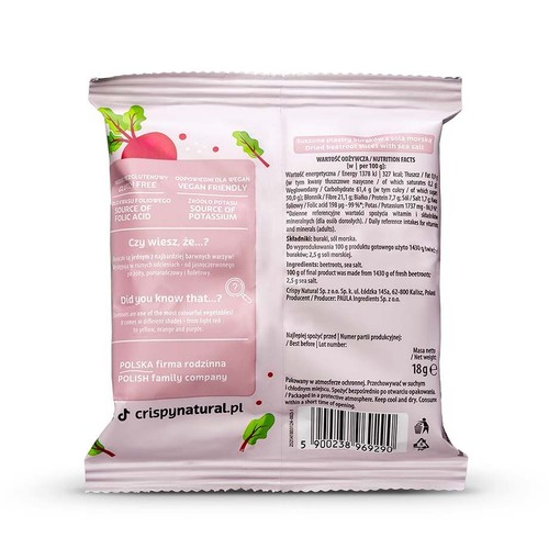 Opakowanie Crispy Natural Suszone plastry buraka z solą morską, 18g. Produkt bezglutenowy i odpowiedni dla wegan. Jest źródłem kwasu foliowego i potasu. Na opakowaniu widoczna grafika buraka. Zawiera buraki i sól morską.