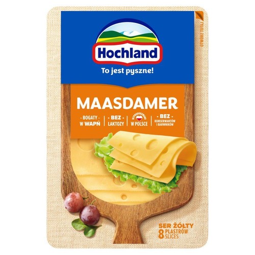 Hochland Maasdamer, żółty ser w 8 plastrach. Bogaty w wapń. Bez laktozy i sztucznych dodatków.