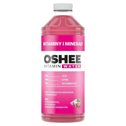 Napój OSHEE Vitamin Water, smak czerwonych winogron i dragonfruita. Wzbogacony jodem, cynkiem, witaminą B12. Bez konserwantów.
