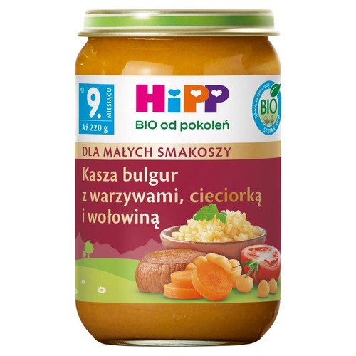 Słoiczek HiPP z kaszą bulgur, warzywami, cieciorką i wołowiną, 220 g. Produkt BIO dla dzieci od 9 miesiąca.