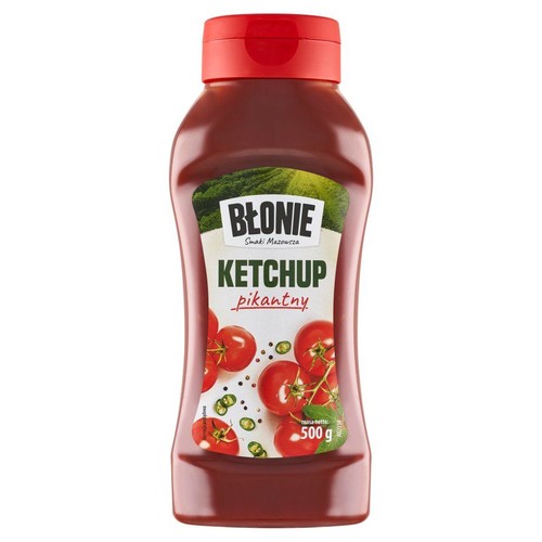 Błonie Ketchup pikantny w butelce 500 g. Na etykiecie pomidory, papryczki chili i pieprz.