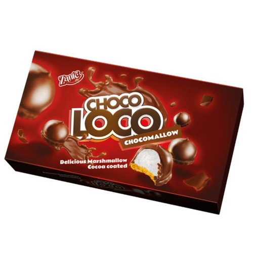 Czerwone opakowanie Zante Choco Loco Chocomallow. Przedstawia czekoladowe pianki, jedną ugryzioną, z polewą kakaową.