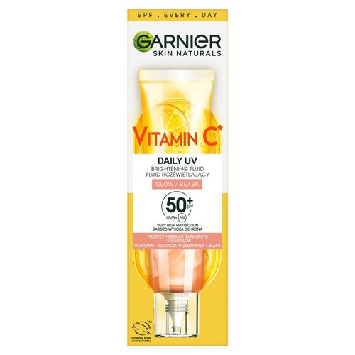Opakowanie Garnier Skin Naturals Vitamin C Daily UV Brightening Fluid SPF 50+. Fluid rozświetlający z bardzo wysoką ochroną UVB+UVA. Chroni, redukuje przebarwienia i nadaje blask. Posiada certyfikat Cruelty Free.