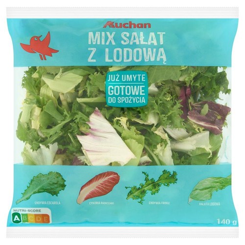 Mieszanka sałat Auchan z lodową, 140 g. Zielone i czerwone liście sałat, już umyte i gotowe do spożycia.