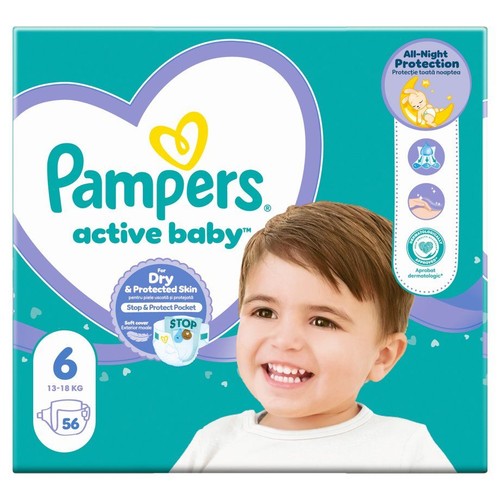 Opakowanie pieluch Pampers Active Baby, rozmiar 6 (13-18 kg), 56 sztuk. Na opakowaniu uśmiechnięte dziecko i logo Pampers.