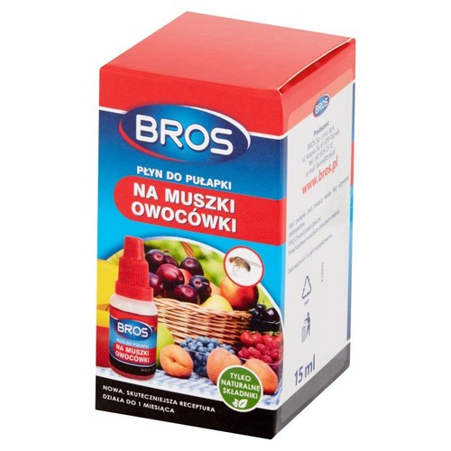 BROS płyn na muszki owocówki w kartonowym opakowaniu, 15 ml. Działa do miesiąca, zawiera naturalne składniki.