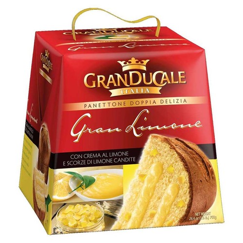 Opakowanie panettone Granducale "Podwójna Rozkosz" o smaku cytrynowym. Czerwone pudełko z grafiką przekrojonego ciasta z kremem cytrynowym i kandyzowanymi skórkami. Widoczne składniki: cytryny, krem, skórki. Waga 750g.