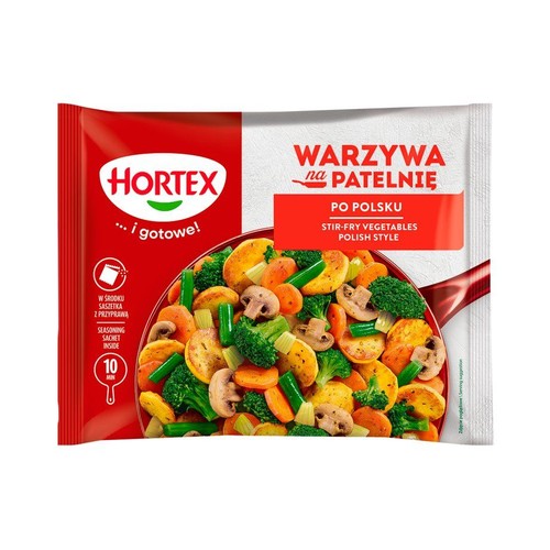 Hortex Warzywa na Patelnię po Polsku 450g. Czerwono-białe opakowanie z grafiką smażonych warzyw. Gotowe w 10 minut.