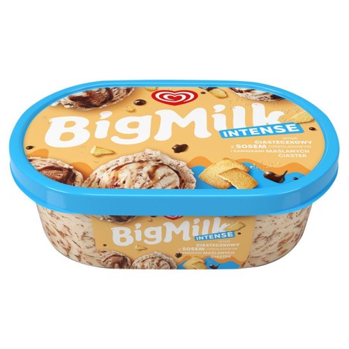 Lody BigMilk Intense w owalnym pojemniku z niebieską pokrywką. Smak ciasteczkowy z sosem czekoladowym i kawałkami maślanych ciastek. Etykieta przedstawia apetyczne gałki lodów i składniki.