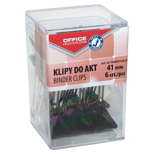 Przezroczyste, prostopadłościenne pudełko z 6 metalowymi klipami do akt marki Office Products. Klipy są ciemne, o rozmiarze 41 mm. Na etykiecie widnieje napis "KLIPY DO AKT" oraz "PRICE GUARANTEE".