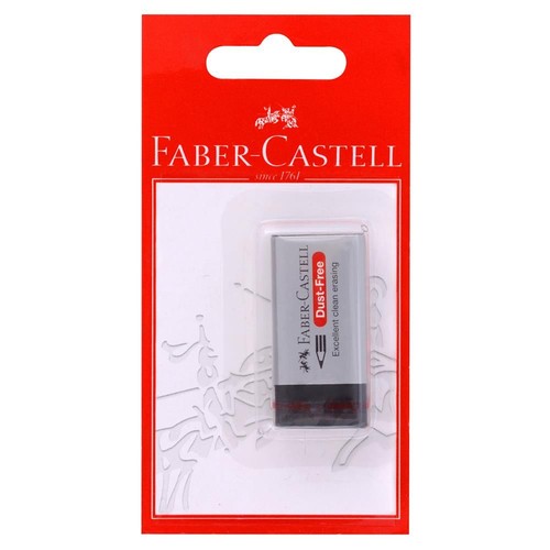 Gumka Faber-Castell Dust-Free w czerwonym blistrze. Szara z czarnym spodem.