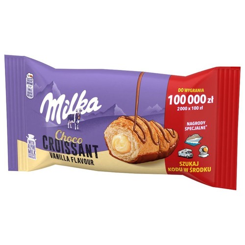Fioletowo-czerwone opakowanie Milka Choco Croissant o smaku waniliowym. Na opakowaniu grafika przekrojonego rogalika z kremem i polewą czekoladową.