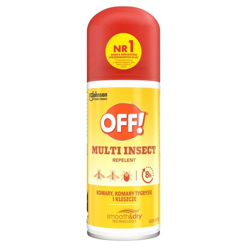 Aerozol OFF! Multi Insect 100ml. Biało-żółta puszka z czerwoną nakrętką. Etykieta informuje o ochronie przed komarami i kleszczami.