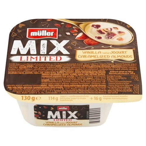 Opakowanie jogurtu Müller Mix Limited o smaku waniliowym z karmelizowanymi migdałami. Waga netto 130 g.