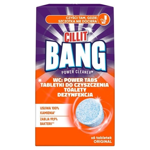 Fioletowo-pomarańczowe opakowanie Cillit Bang WC Power Tabs Original. Zawiera 6 tabletek do czyszczenia i dezynfekcji toalety. Usuwa 100% kamienia i zabija 99,9% bakterii, docierając tam, gdzie szczotka nie sięga.
