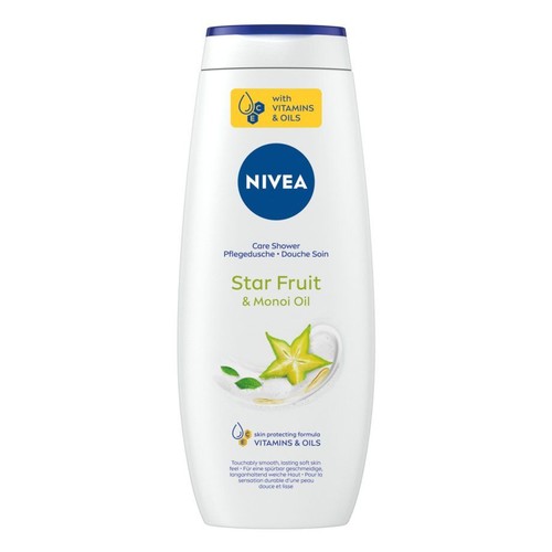 Nivea Care Shower, żel pod prysznic z karambolą i olejkiem Monoi. Biała butelka z niebieską nakrętką. Formuła z witaminami.