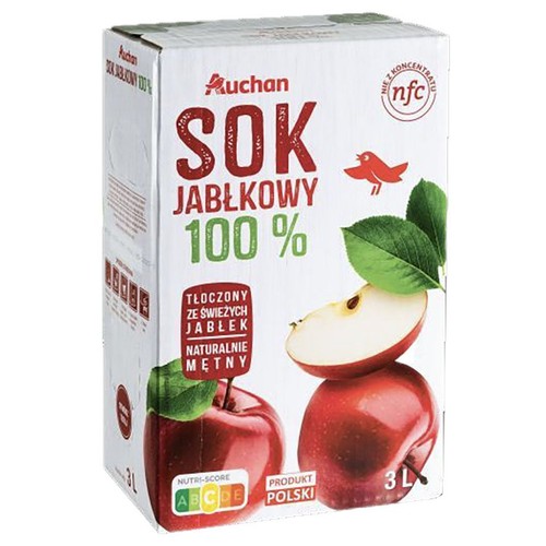Sok jabłkowy Auchan 100% NFC, tłoczony ze świeżych jabłek. Opakowanie 3L z grafiką jabłek.