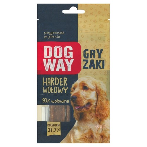 Saszetka Dog Way Gryzaki Harder Wołowy 60g. Ciemna góra, beżowy dół z psem. Przezroczyste okienko pokazuje zawartość.