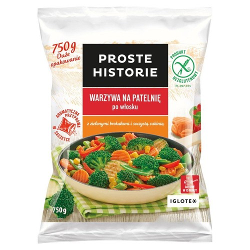 Opakowanie 750g mrożonych warzyw Proste Historie, gotowych w 15 minut. Włoska mieszanka z brokułami i cukinią, z przyprawą.