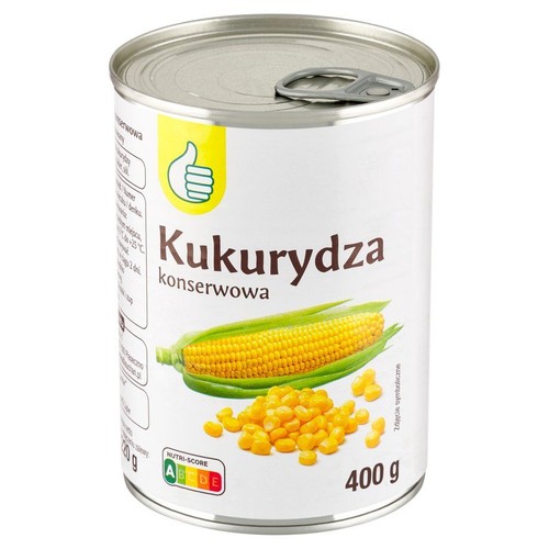 Biała puszka kukurydzy konserwowej 400 g z żółtym logo kciuka w górę. Na etykiecie grafika kolby kukurydzy i ziaren.