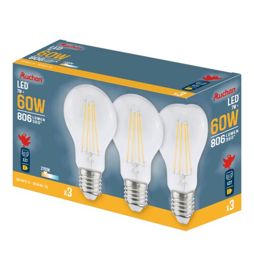 Żarówka LED E27 60W barwa ciepła Auchan 3 sztuki