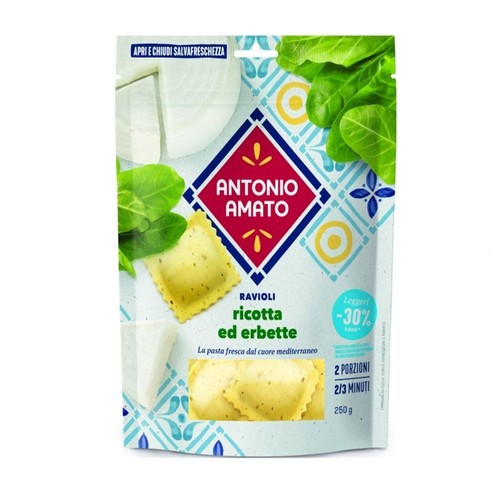 Antonio Amato Ravioli z ricottą i ziołami, 250g. Świeży makaron, 2 porcje, gotowy w 2-3 minuty. Opakowanie z zamknięciem.