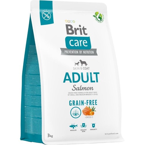 Opakowanie karmy Brit Care Adult Salmon, 3 kg. Bezzbożowa formuła dla dorosłych psów, wspierająca skórę i sierść. Zawiera łososia i Omega-3, dla mięśni, zdrowej skóry i odporności.