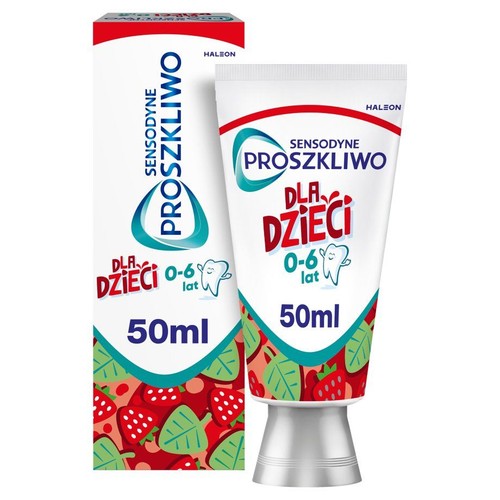 Pasta Sensodyne PROSZKLIWO dla dzieci 0-6 lat. Tuba i kartonik 50ml z motywem truskawek.