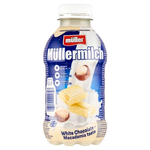 Butelka Müllermilch o smaku białej czekolady i orzechów makadamia, 379 ml. Na etykiecie grafika czekolady i orzechów.