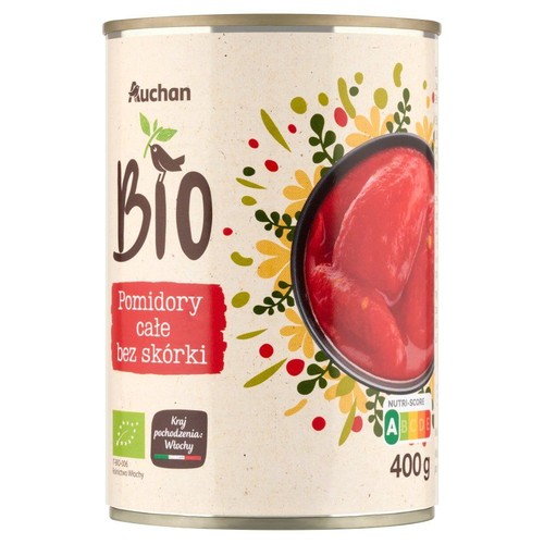 Konserwa Auchan BIO z całymi pomidorami bez skórki, 400g. Etykieta z zielonym logo BIO i informacją o pochodzeniu z Włoch.