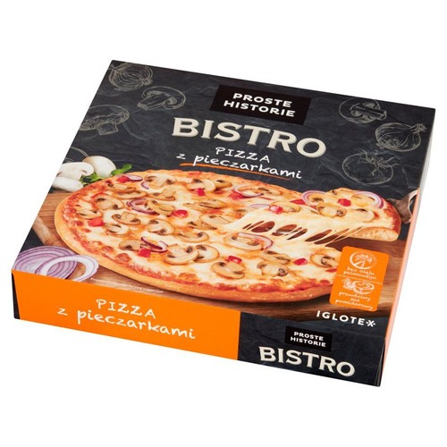 Kartonowe opakowanie mrożonej pizzy Bistro z pieczarkami. Widoczna grafika pizzy z pieczarkami, czerwoną cebulą i roztopionym serem.
