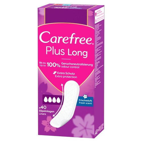 Opakowanie wkładek higienicznych Carefree Plus Long, 40 sztuk. Oferują kontrolę zapachu i dodatkową ochronę.