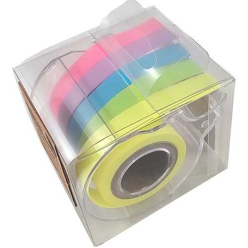 Zestaw pięciu rolek kolorowych karteczek samoprzylepnych w przezroczystym pudełku. Kolory: różowy, fioletowy, niebieski, zielony, żółty.