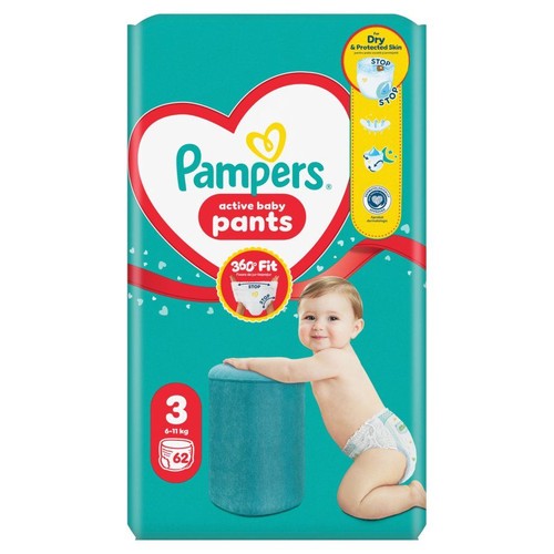 Opakowanie pieluchomajtek Pampers Active Baby Pants, rozmiar 3, dla dzieci 6-11 kg, 62 sztuki. Na opakowaniu uśmiechnięte dziecko.