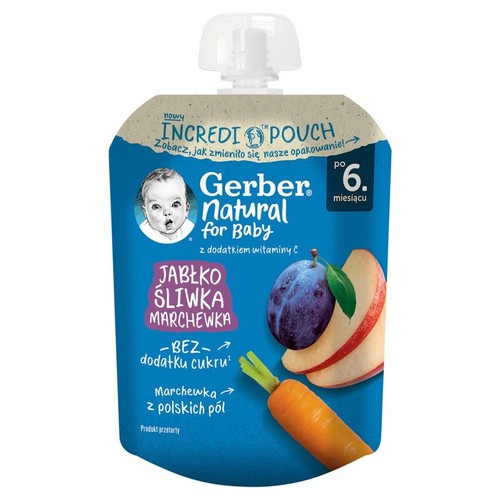 Saszetka Gerber Natural dla niemowląt: jabłko, śliwka, marchewka. Od 6. miesiąca, bez cukru, z witaminą C.