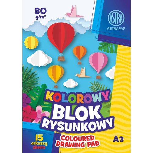 Kolorowy blok rysunkowy ASTRA ASTRAPAP, A3, 15 arkuszy, 80 g/m². Na okładce balony i chmury.