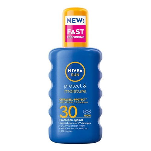 Niebieska butelka balsamu do opalania Nivea Sun Protect & Moisture SPF 30 z żółtą nakrętką. Ma faliste boki.