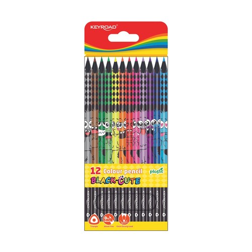 Produkt: 12 kredek KEYROAD BLACK-CUTE. Kredki mają czarne korpusy z kolorowymi wzorami i rysunkami potworów. Są bezdrzewne, z trójkątnym przekrojem i mocnym grafitem. Widoczne są różne kolory końcówek.