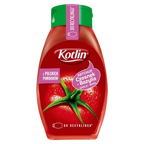 Czerwona butelka ketchupu Kotlin Czosnek-Bazylia. Etykieta z napisem "z POLSKICH POMIDORÓW" i grafiką pomidora.