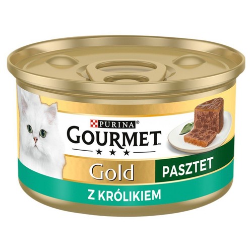 Puszka karmy dla kota Purina Gourmet Gold Pasztet z królikiem. Na etykiecie biały kot i porcja pasztetu.