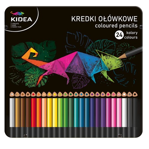 Zestaw 24 kredek ołówkowych marki Kidea w czarnym opakowaniu. Na pudełku widnieje kolorowa grafika przedstawiająca stylizowane zwierzę origami i liście. Poniżej ułożone są kredki w pełnej gamie kolorów.