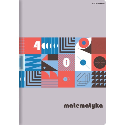 Zeszyt z szarą okładką i ozdobnym, geometrycznym wzorem w centralnej części. Wzór składa się z kwadratów, kół, linii, cyfr 4 i 0, oraz zarysu sześcianu, w kolorach czerwonym, niebieskim i brązowym. Napis "matematyka" na dole.