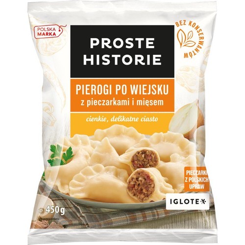 Pierogi Proste Historie z pieczarkami i mięsem, 450g. Na opakowaniu talerz z pierogami, niektóre przekrojone.