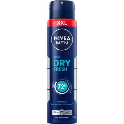 Antyperspirant NIVEA MEN Dry Fresh w niebieskiej puszce, 250 ml. Zapewnia 72-godzinną ochronę.