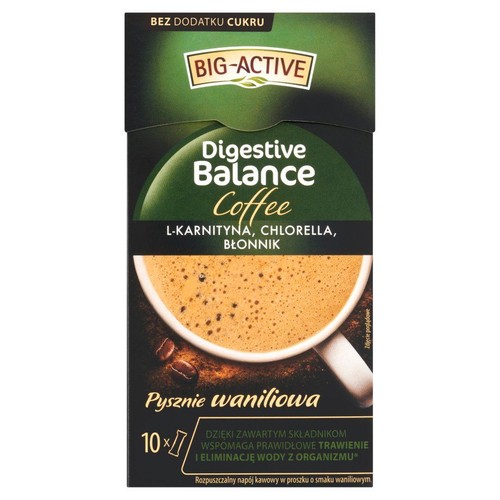 Kawa rozpuszczalna BIG-ACTIVE Digestive Balance o smaku waniliowym, z L-karnityną, chlorellą i błonnikiem. 10 porcji, bez dodatku cukru.