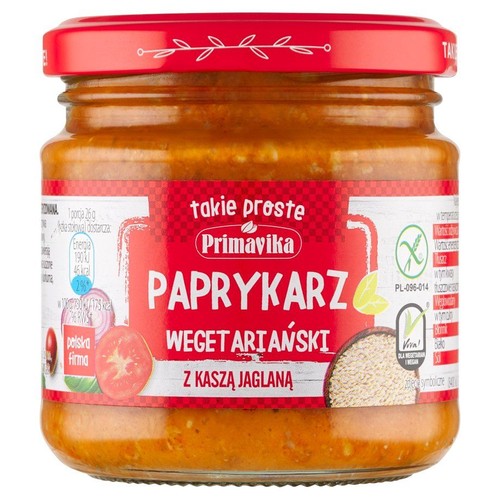 Słoik wegetariańskiego paprykarza Primavika z kaszą jaglaną. Czerwona etykieta z logo "Polska firma" i "Viva! Dla wegetarian i wegan". Produkt bezglutenowy. Widoczne grafiki warzyw.