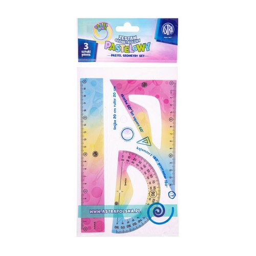 Zestaw geometryczny Astra Pastel Line, składający się z trzech przezroczystych elementów w pastelowych odcieniach różu, żółci i błękitu. Zawiera linijkę 20 cm, ekierkę 60° i kątomierz 180°. Zapakowany w folię z kartonowym nagłówkiem.