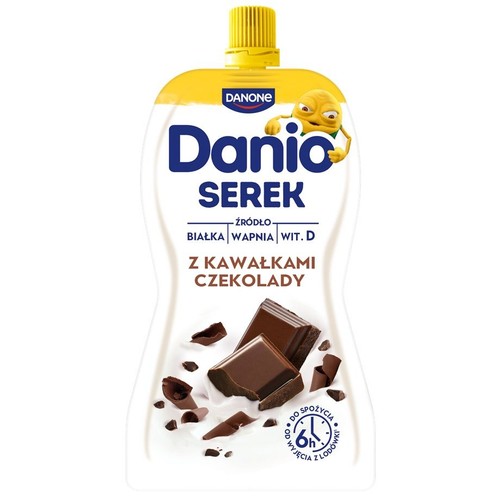 Serek Danio Danone z czekoladą. Białe opakowanie z żółtą zakrętką. Zawiera białko, wapń i witaminę D.