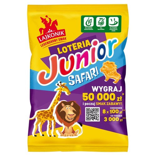 Żółta paczka przekąsek Lajkonik Junior Safari. Grafika z lwem i żyrafą, oraz krakers w kształcie lwa. Bez dodatku konserwantów.